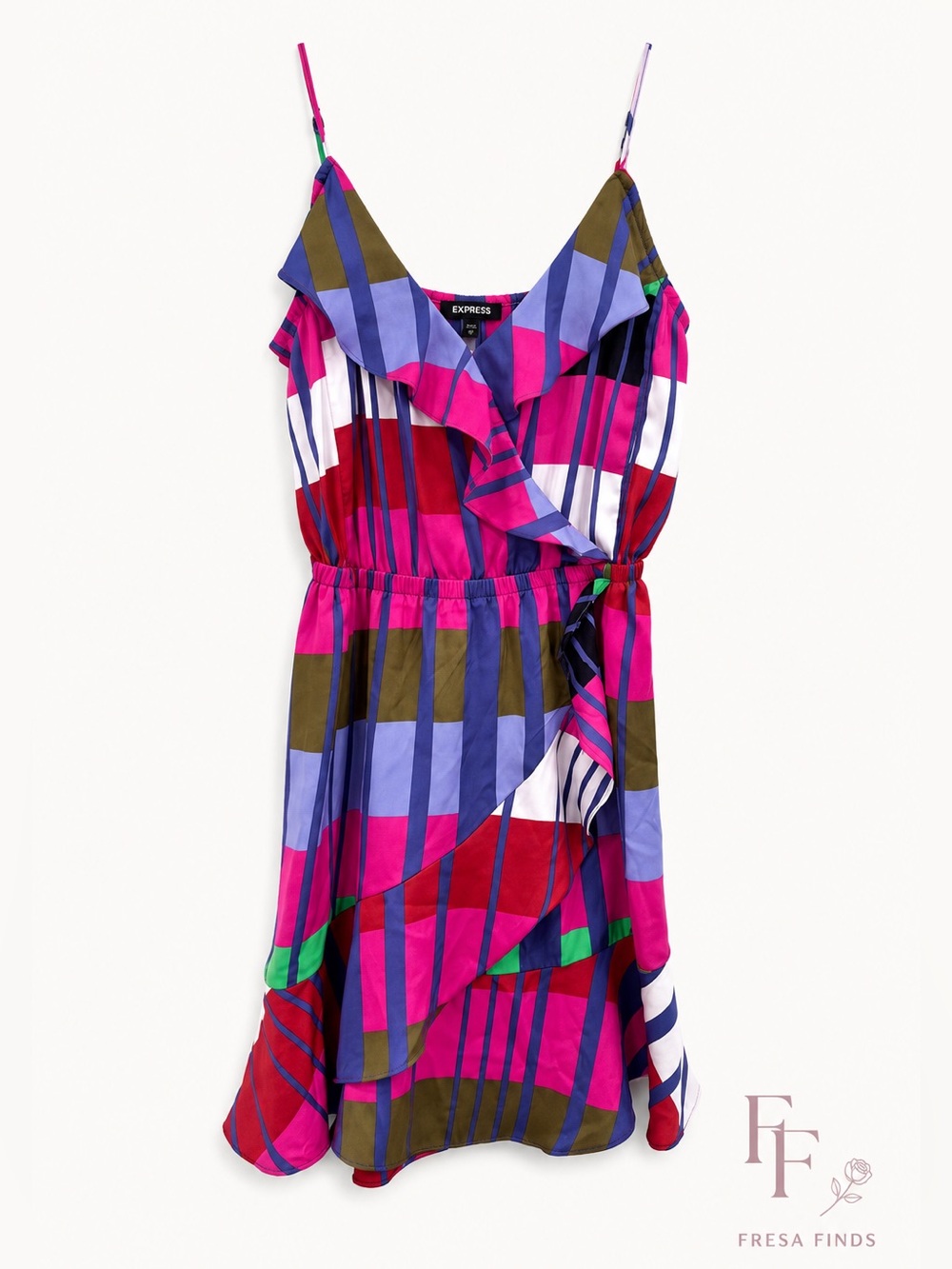 Express Geometric Print Ruffle Wrap Dress XS Pink Blue Multicolor Sleeveless